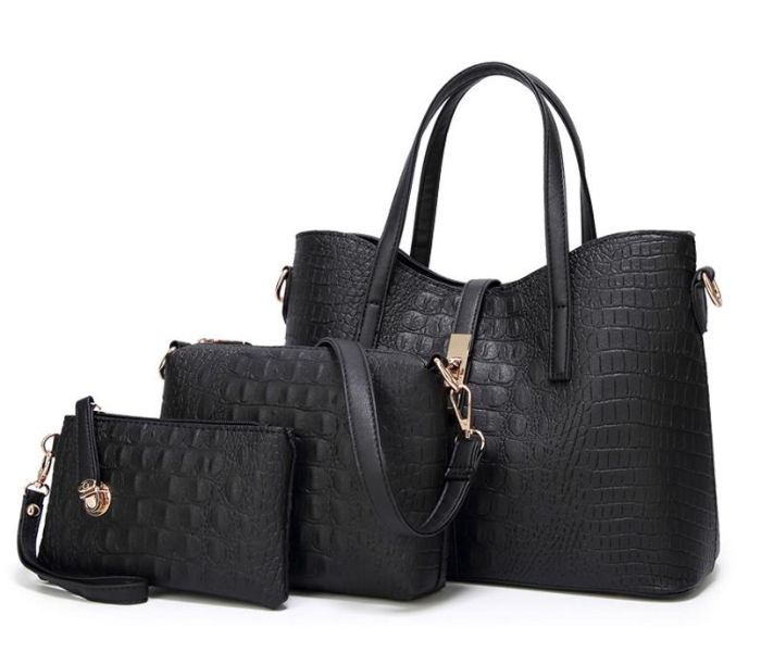 3 Pieces PU Leather Crocodile Pattern Handbags Set for Women - Black