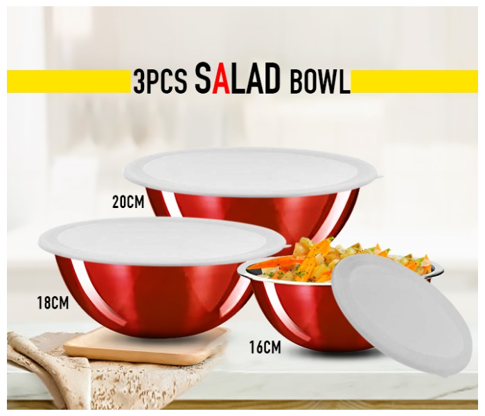 3 Sets OE-1746 Serving Nesting Stainless Steel Salad Mixing Bowl with Lids – Red