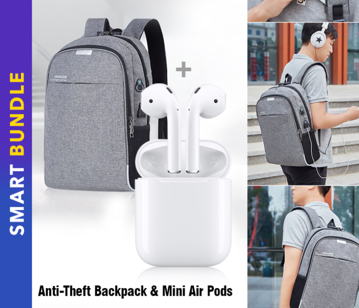 I11-TWS True Wireless Mini Bluetooth Air Pods - White + Microdigit ATB M8277 Antitheft 15.6 Inch Password Lock Notebook Backpack - Grey