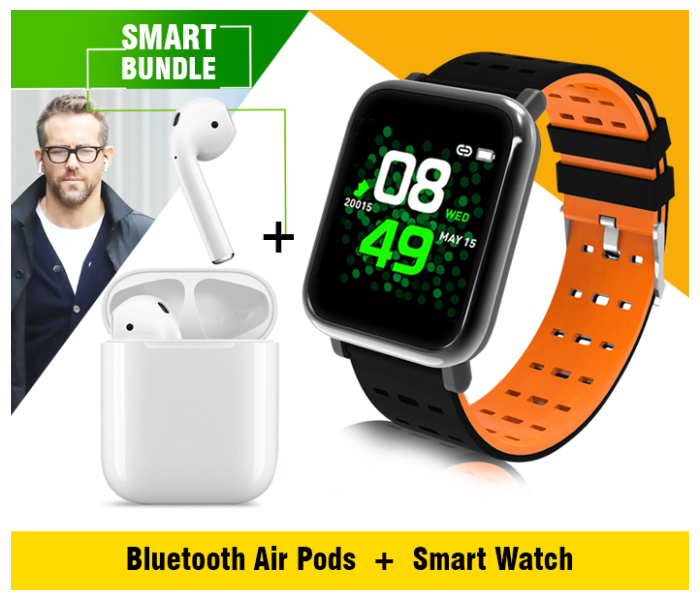 Lerbyee A6 Waterproof Smart Watch With Heart Rate Monitor Sport Fitness Tracker - Black & Orange + I11-TWS True Wireless Mini Bluetooth Air Pods - White 