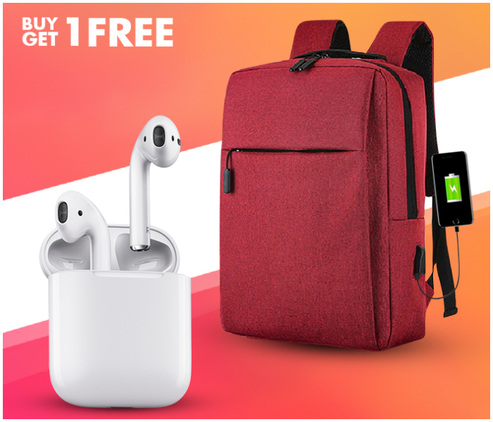 Anti-theft USB Charging Backpack Laptop Notebook Travel School Bag Maroon + InPods 12 Twin Bluetooth Headset - White 