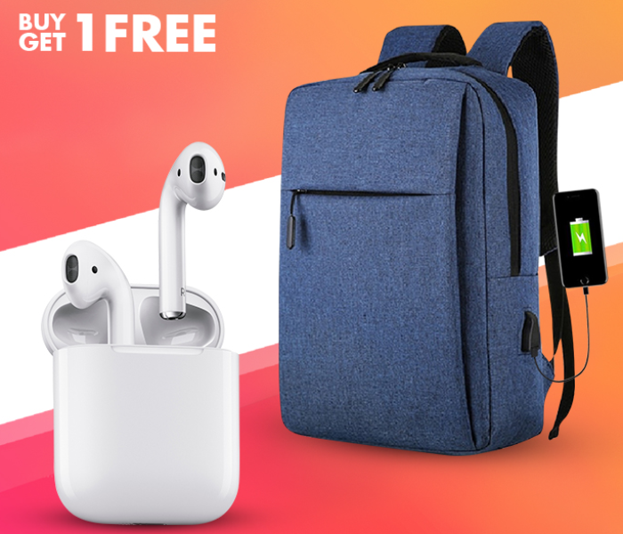 Anti-theft USB Charging Backpack Laptop Notebook Travel School Bag Blue + InPods 12 Twin Bluetooth Headset - White 