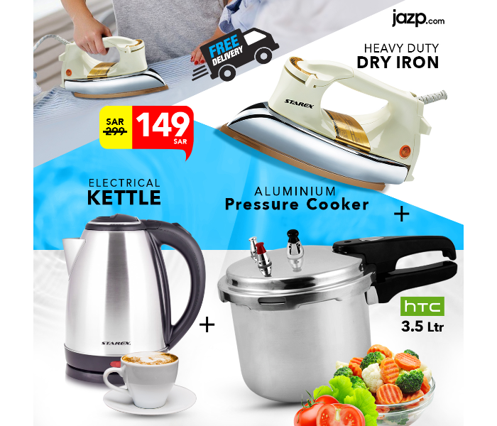 Starex SK 501 1.5 Litre Electric Cordless Kettle + STAREX SI 300 Heavy Duty Dry Iron 1200W - White + HTC 3.5 Liter Aluminium Pressure Cooker HTC-305-PC