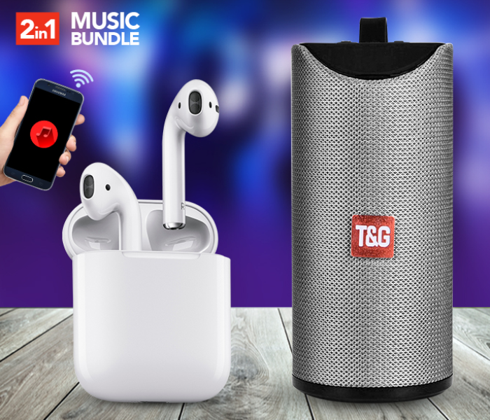 TG 113 Portable Wireless Bluetooth Stereo High Bass Speaker - Grey + InPods 12 Twin Bluetooth Headset - White 