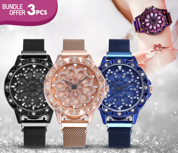 Sphere 360 Rotation Womens Magnetic Stainless Steel Mesh Strap Watch - Rose Gold (Bulk) + Sphere 360 Rotation Womens Magnetic Stainless Steel Mesh Strap Watch - Black + Sphere 360 Rotation Womens Magnetic Stainless Steel Mesh Strap Watch - Blue (Bulk)