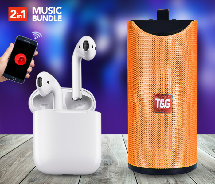 TG 113 Portable Wireless Bluetooth Stereo High Bass Speaker - Orange (Bulk) + InPods 12 Twin Bluetooth Headset - White 