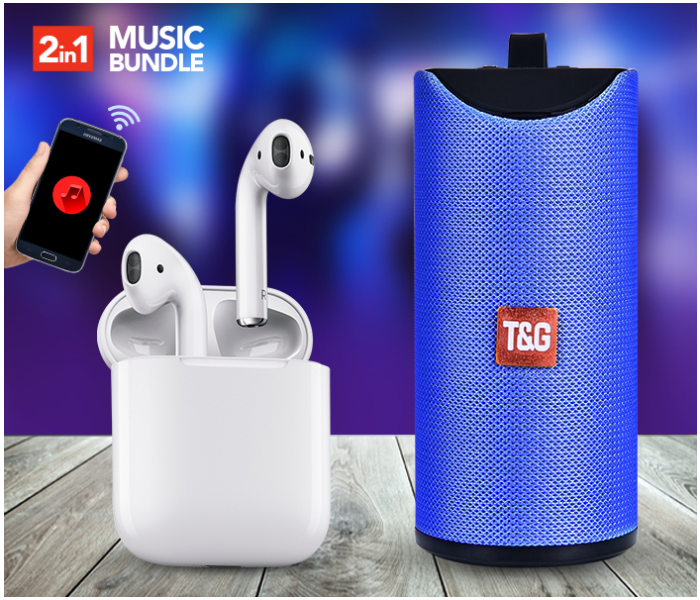 TG 113 Portable Wireless Bluetooth Stereo High Bass Speaker - Blue (Bulk) + InPods 12 Twin Bluetooth Headset - White 