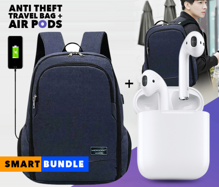 I11-TWS True Wireless Mini Bluetooth Air Pods - White + Microdigit MD022LB Anti Theft Backpacks Business Travel Bag - Blue 
