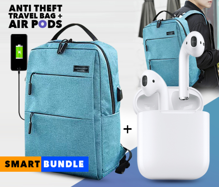 I11-TWS True Wireless Mini Bluetooth Air Pods - White + Microdigit MD019LB Anti Theft Backpacks Casual Travel Bag - Light Blue 