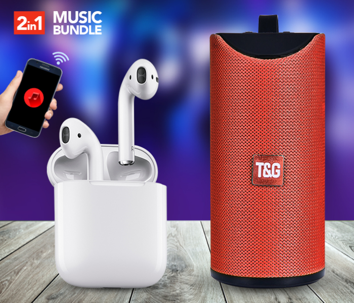 TG 113 Portable Wireless Bluetooth Stereo High Bass Speaker - Red (Bulk) + InPods 12 Twin Bluetooth Headset - White 