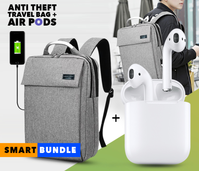 I11-TWS True Wireless Mini Bluetooth Air Pods - White + Microdigit MD015LB Anti Theft Backpacks Business Travel Bag - Grey 