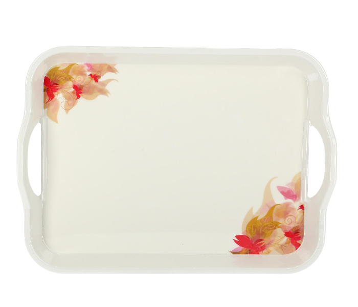 Royalford RF5063 17.5-inch Melamine Ware Handle Tray with Flower Carnival Pattern - White