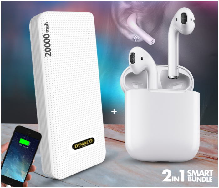Demaco Super Power Bank 20000mAh - Black + I11-TWS True Wireless Mini Bluetooth Air Pods - White 