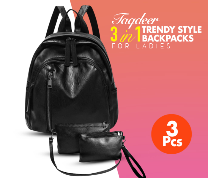 Taqdeer WP-305 New Trendy Style Backpacks For ladies 3 Pcs - Black 