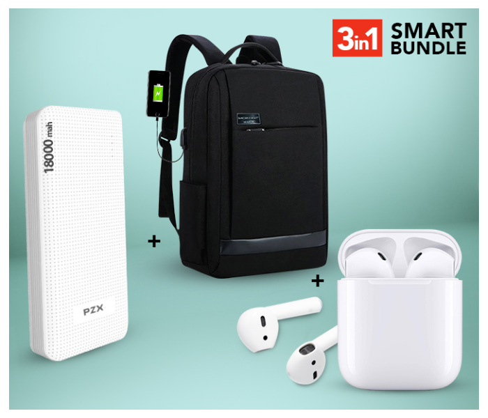 Microdigit MD018LB Anti Theft BackPacks Business Casual Bag - Black + I11-TWS True Wireless Mini Bluetooth Air Pods - White + PZX 18000 MAh Portable Power Bank - White & Grey 