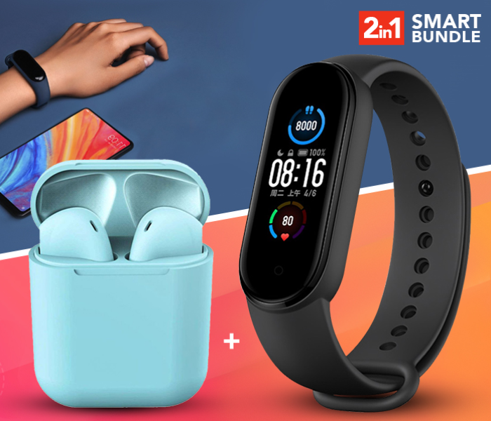 M5 Sport IP67 Waterproof Heart Rate Blood Pressure Smart Bracelet (Black) + InPods 12 Twin Bluetooth Headset - Blue 