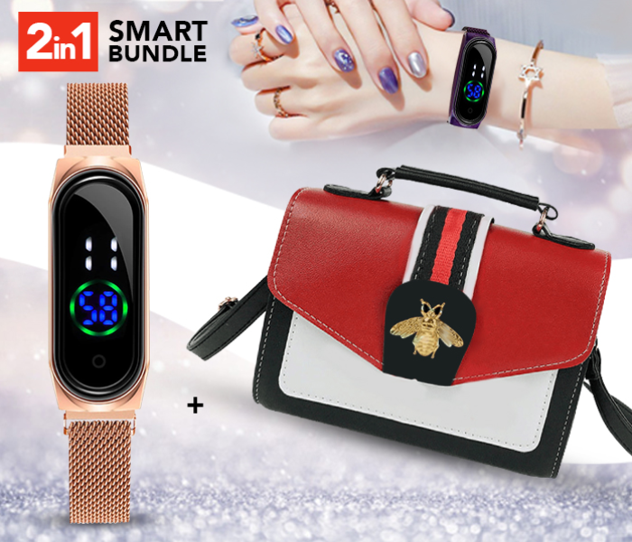 Fancy Women's Mini Gucci Design Beautiful Sling Bag Red + Jongo New Trend Digital Wrist Watch Touch Screen With Magnetic Mesh Belt -Rose Gold