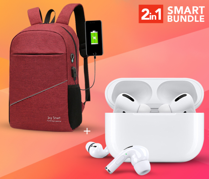 TWS Airpod Pro 3 Bluetooth Earphones Wireless Headset - White + JOY START BACK PACK JA0082 - A GREAT BAG A GREAT MAN - RED 