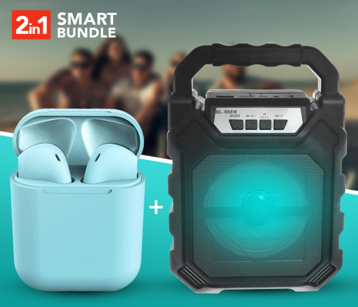Portable HL-668W Super Bass Wireless Bluetooth Speaker With USB Flash Drive Support -Black + InPods 12 Twin Bluetooth Headset - Blue 