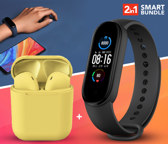 M5 Sport IP67 Waterproof Heart Rate Blood Pressure Smart Bracelet (Black) + InPods 12 Twin Bluetooth Headset - Yellow 