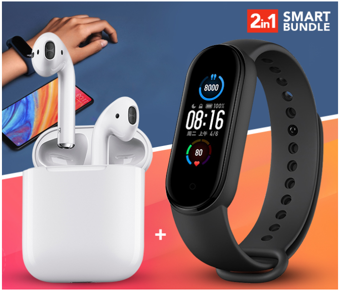 M5 Sport IP67 Waterproof Heart Rate Blood Pressure Smart Bracelet (Black) + InPods 12 Twin Bluetooth Headset - White 