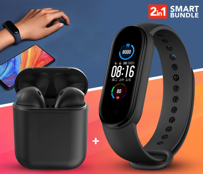 M5 Sport IP67 Waterproof Heart Rate Blood Pressure Smart Bracelet (Black) + InPods 12 Twin Bluetooth Headset - Black 