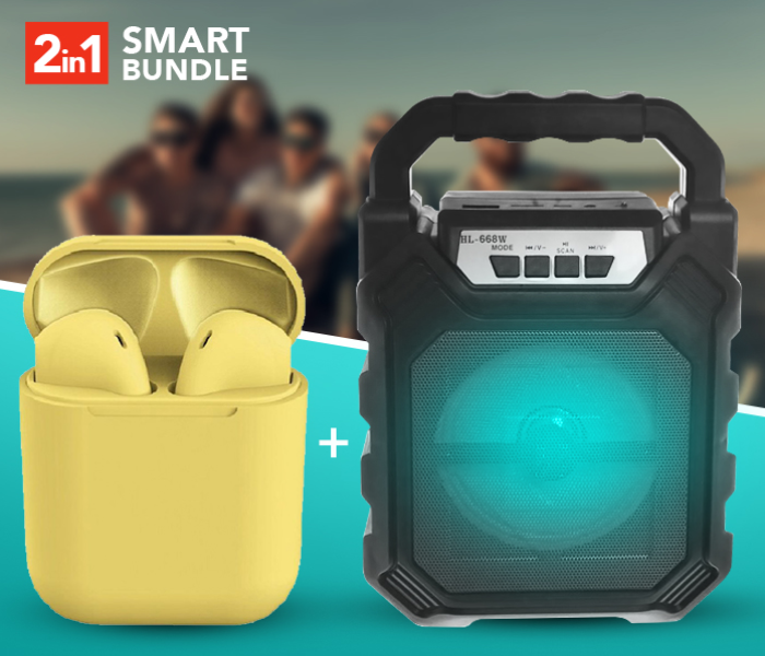 Portable HL-668W Super Bass Wireless Bluetooth Speaker With USB Flash Drive Support -Black + InPods 12 Twin Bluetooth Headset - Yellow 