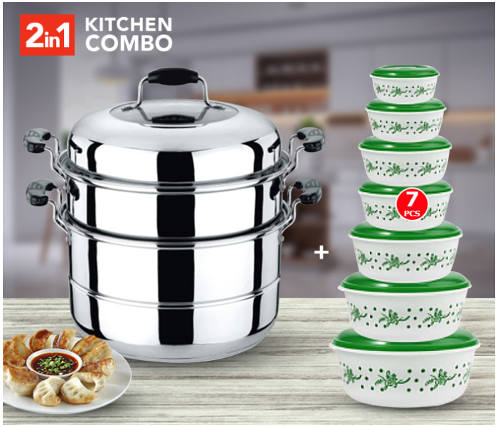 7 Pcs Food Storage Container Set With Lids + Double Layer Stainless Steel Steam Pot 