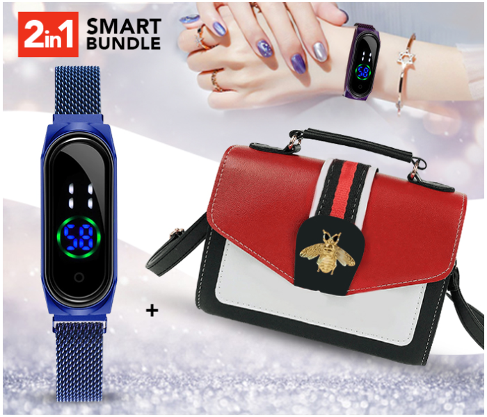Jongo New Trend Digital Wrist Watch Touch Screen With Magnetic Mesh Belt -Blue + Fancy Women's Mini Gucci Design Beautiful Sling Bag Red 