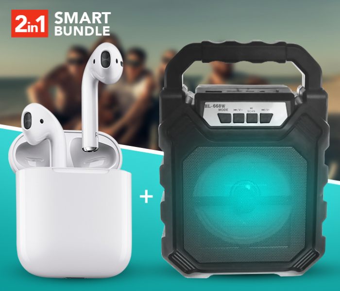 Portable HL-668W Super Bass Wireless Bluetooth Speaker With USB Flash Drive Support -Black + InPods 12 Twin Bluetooth Headset - White 
