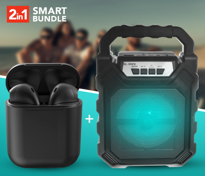 Portable HL-668W Super Bass Wireless Bluetooth Speaker With USB Flash Drive Support -Black + InPods 12 Twin Bluetooth Headset - Black 