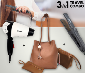Krawn Hair Straightner KR-41011 + Krawn Hair Dryer KW-41008 + Set Of 3 Lychee Pattern Bucket Bag - Brown 