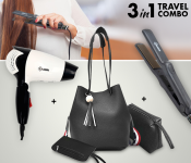 Krawn Hair Straightner KR-41011 + Krawn Hair Dryer KW-41008 + Set Of 3 Lychee Pattern Bucket Bag - Black 
