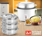 DLC 806 0.6 Litre Non-Stick Rice Cooker - White + 3 Piece National(Merri Boy) Stainless Steel Insulated Casserole Gift Set - Silver 