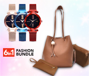 FLLi Star Sky Magnetic Mesh Strap Watch - Red + FLLi Star Sky Magnetic Mesh Strap Watch - Blue + FLLi Star Sky Magnetic Mesh Strap Watch - Gold + Set Of 3 Lychee Pattern Bucket Bag - Brown 