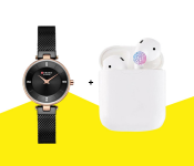 Curren 9031 Stainless Steel Analog Quartz Watch For Women Black + I11-TWS True Wireless Mini Bluetooth Air Pods - White 