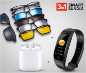 New Polarized 2201 Sunglass With 5 Magnetic Inter-Changeable Colour Shades + M5 Sport IP67 Waterproof Heart Rate Blood Pressure Smart Bracelet (Black) + I11-TWS True Wireless Mini Bluetooth Air Pods - White 