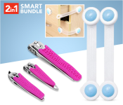 Baby Safety Lock Band - 2 Pieces, White & Blue + 3 Pieces Stainless Steel Nail Cutter Set - Pink 