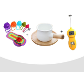 Mini Drink Frother - Yellow + Non-Stick Milk Saucepan Sauce Cooking Kitchen Cookware - White + 6 Piece Measuring Spoon Set Plastic 