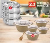 UTC Brook 10 Pieces Microwave Set And Serving Spoon - Cream + 3 Piece National(Merri Boy) Stainless Steel Insulated Casserole Gift Set - Silver 