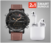 Naviforce 9134 Men Analog-Digital Leather Starp Watch - Brown (Bulk) + I11-TWS True Wireless Mini Bluetooth Air Pods - White 