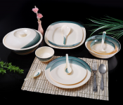 Royalford RF8103 64 Pieces Ribble Designed Melamine Ware Dinner Set - Ivory & Green  - Similar Product Imag - ID 2622