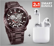 Naviforce NF9158 Stainless Steel Fashion Wrist Watch For Men - Brown + I11-TWS True Wireless Mini Bluetooth Air Pods - White 