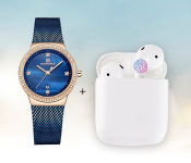 Naviforce NF5005 Luxury Famale Multi-Function Quartz Fashion Watch - Blue + I11-TWS True Wireless Mini Bluetooth Air Pods - White 