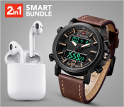 I11-TWS True Wireless Mini Bluetooth Air Pods - White + Naviforce 9135 Men Analog-Digital Leather Starp Watch - Brown (Bulk)