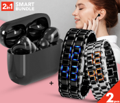 AKM AKM016 Designer 2PCS LED Watch - Black & Silver + TWS Airpod Pro 3 Bluetooth Earphones Wireless Headset - Black