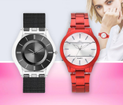 Stainless Steel Wrist Watch For Women - Black + Rinnady Watch Luxury Colored Stainless Steel Strap Quartz Watch For Ladies - Red 
