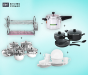 Royalford RF5124 12 Pieces Stainless Steel Cookware Set - Silver + Royalford RF5802 5 Litre Aluminium Pressure Cooker With Outer Lid - Silver + Royalford RF8948 7 Pcs Cookware Set -Black + Royalford RF9343 16 Pcs Porcelain Dinner Set - White + Royalford RF1151DRL 2 Tier Metal Dish Rack - Silver