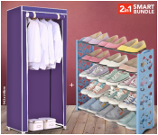 WR 942 148cm Wardrobe Closet - Violet + SR605 Plastic 4 Layer Shoe Rack - Blue And Black 