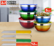5 Sets Colourful Serving Nesting Stainless Steel Salad Mixing Bowl With Cover + Stainless Steel Kitchen Knife Set - 12 Pcs JA039 